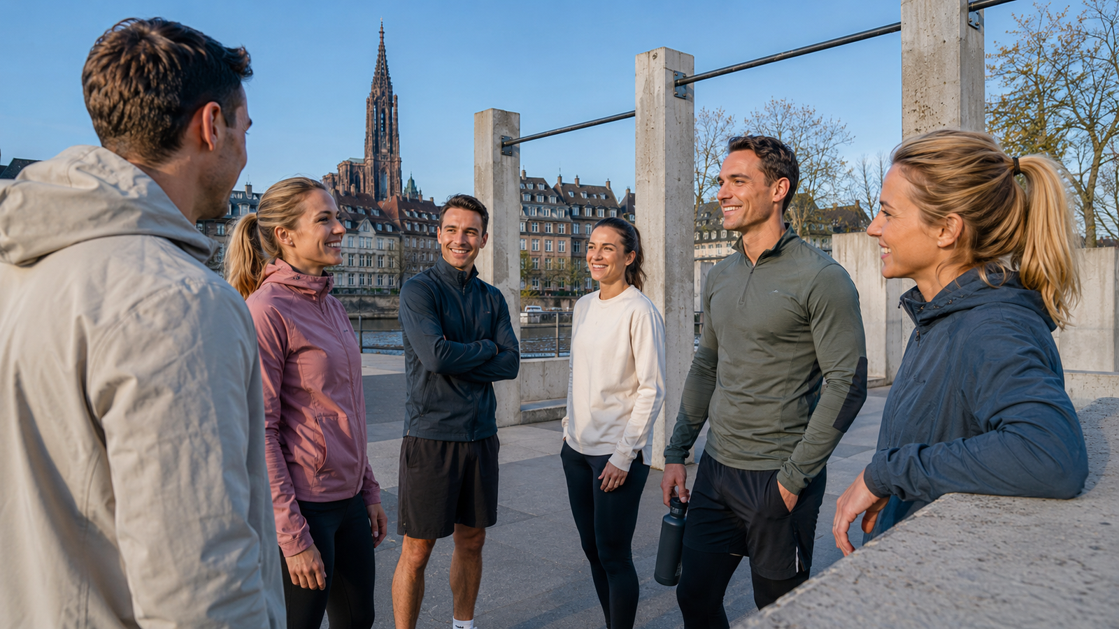 Illustration générée par IA pour RBREAK.com : groupe réuni avant une séance de sport dehors.