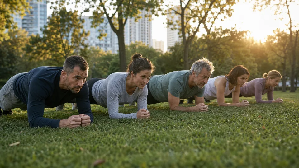 Illustration générée par IA pour RBREAK.com : cinq personnes en gainage sur une pelouse de parc, arbres en arrière-plan.