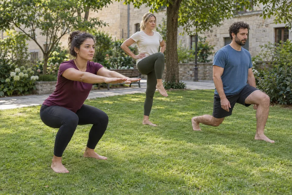 Illustration générée par IA pour RBREAK.com : trois personnes font des exercices au poids du corps sur une pelouse.