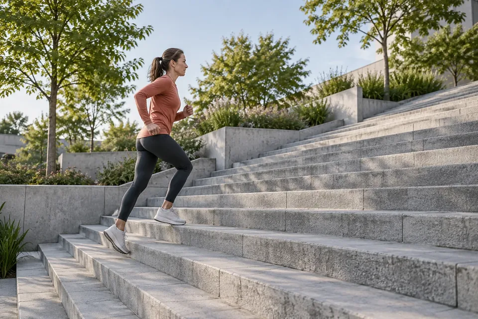 Illustration générée par IA pour RBREAK.com : une coureuse monte un grand escalier urbain.