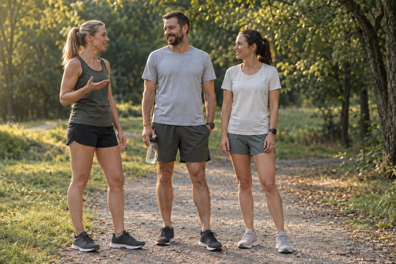 Trois sportifs discutent sur un chemin arboré après leur sortie.