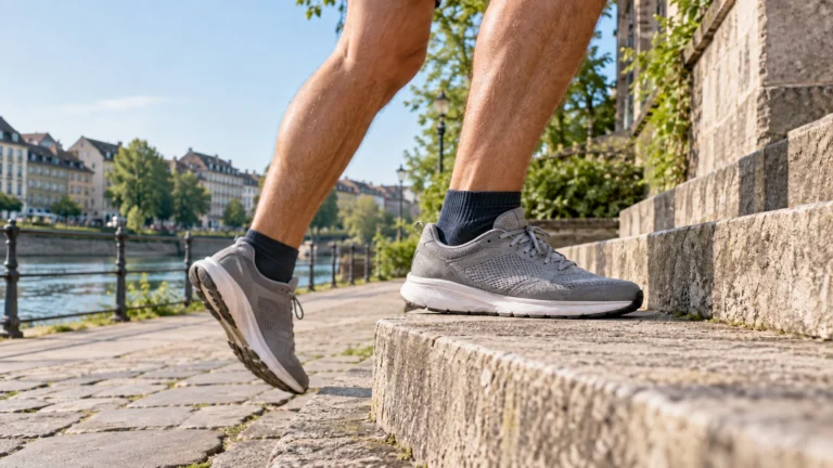 Une chaussure de course prend appui sur une marche de pierre. Illustration générée par IA pour rbreak.com.