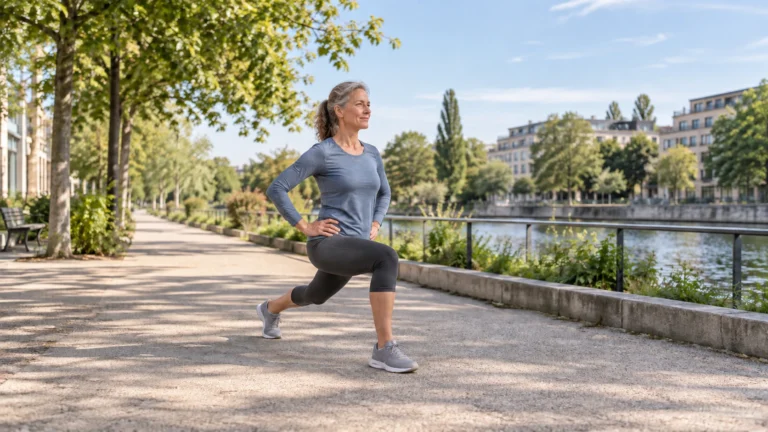 Une femme effectue une fente sur un quai arboré. Illustration générée par IA pour rbreak.com.
