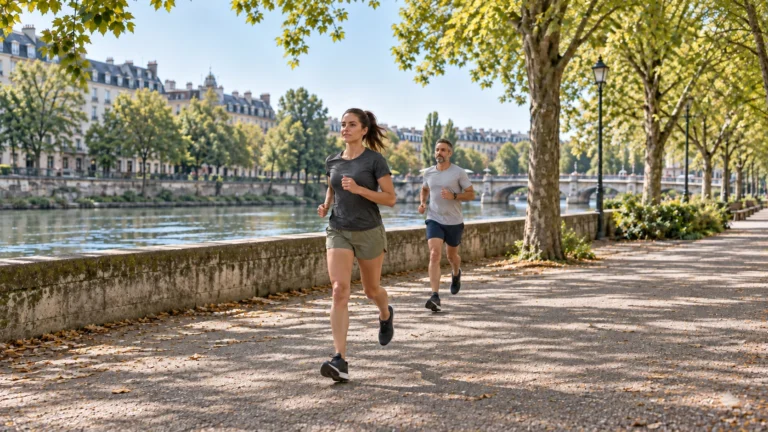 Une femme et un homme courent sur une allée avec quelques pas d’écart. Illustration générée par IA pour rbreak.com.
