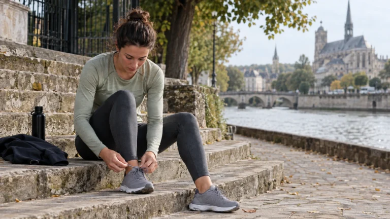 Une femme ajuste les lacets de ses chaussures sur une marche avant de partir. Illustration générée par IA pour rbreak.com.