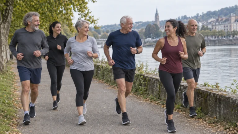 Illustration générée par IA pour RBREAK.com : coureuses et coureurs de plus de 50 ans dans un parc.