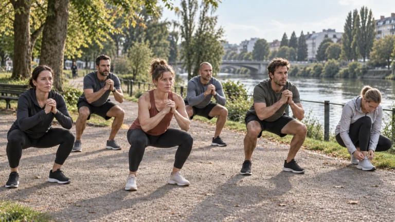 Illustration générée par IA pour RBREAK.com : squats et ajustement des chaussures dans un parc.