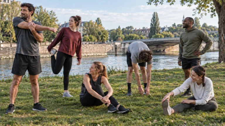 Illustration générée par IA pour RBREAK.com : étirements variés et récupération dans un parc.
