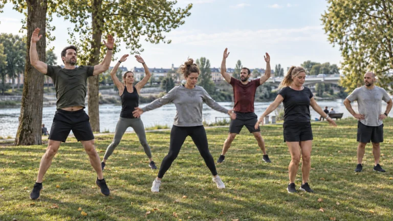 Illustration générée par IA pour RBREAK.com : jumping jacks entre amis dans un parc.