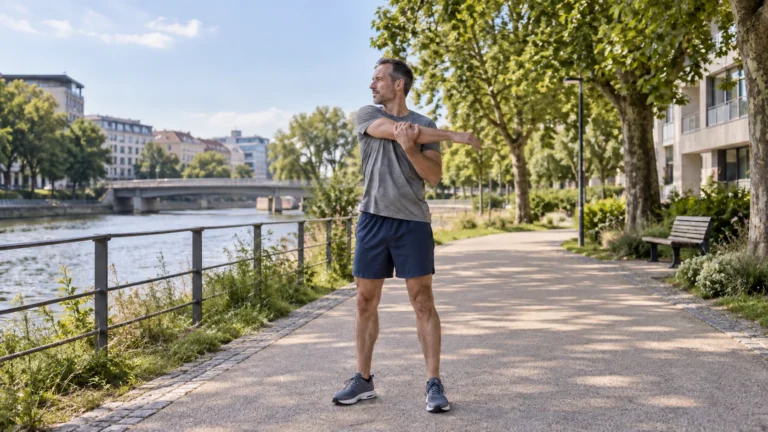 Un homme s’étire debout près d’une allée arborée. Illustration générée par IA pour rbreak.com.