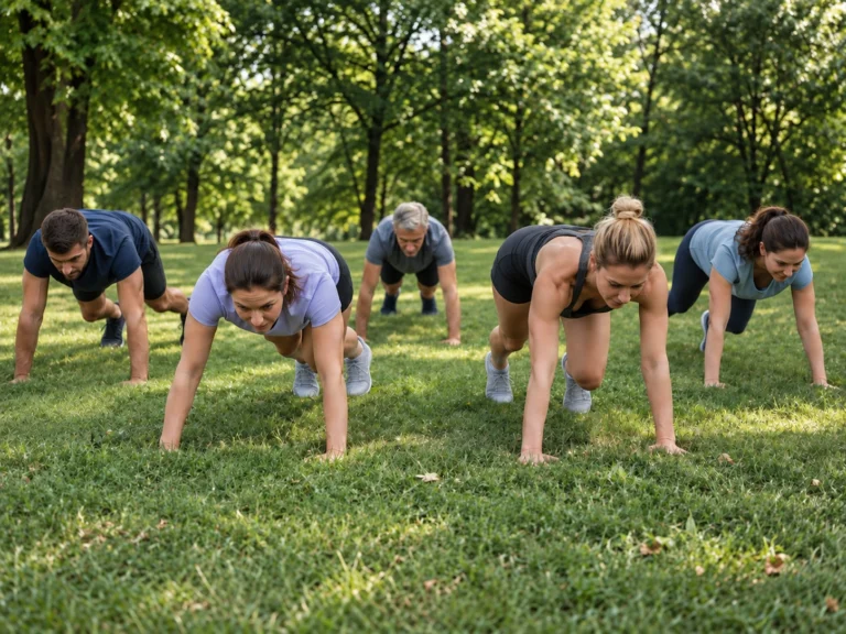 Illustration générée par IA pour RBREAK.com : renforcement musculaire en groupe dans un parc.