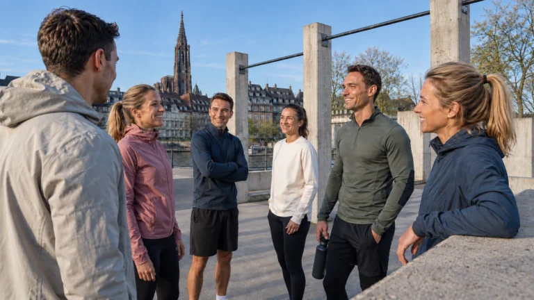Illustration générée par IA pour RBREAK.com : groupe réuni avant une séance de sport dehors.