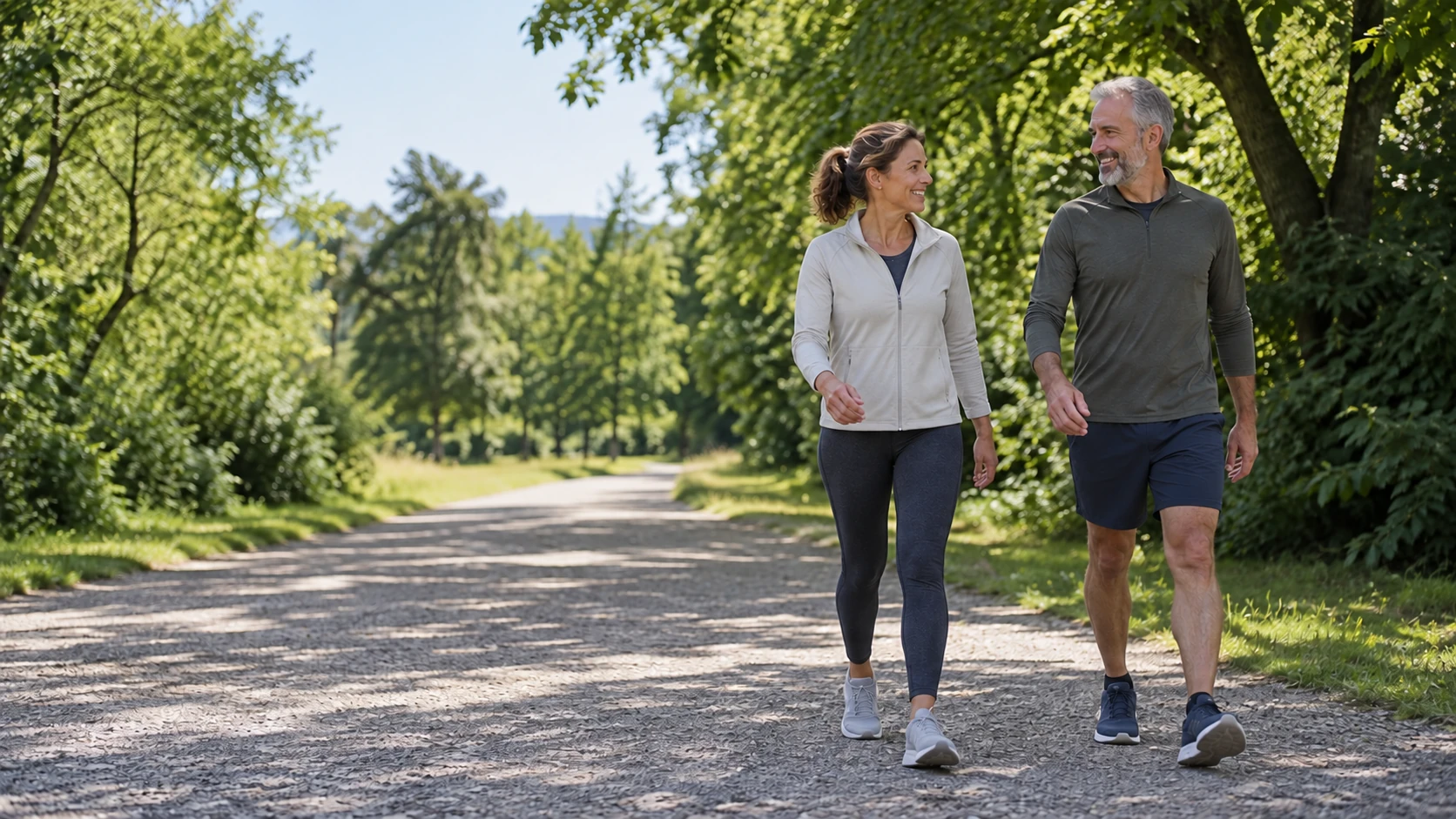 Une femme et un homme marchent côte à côte sur une allée arborée.