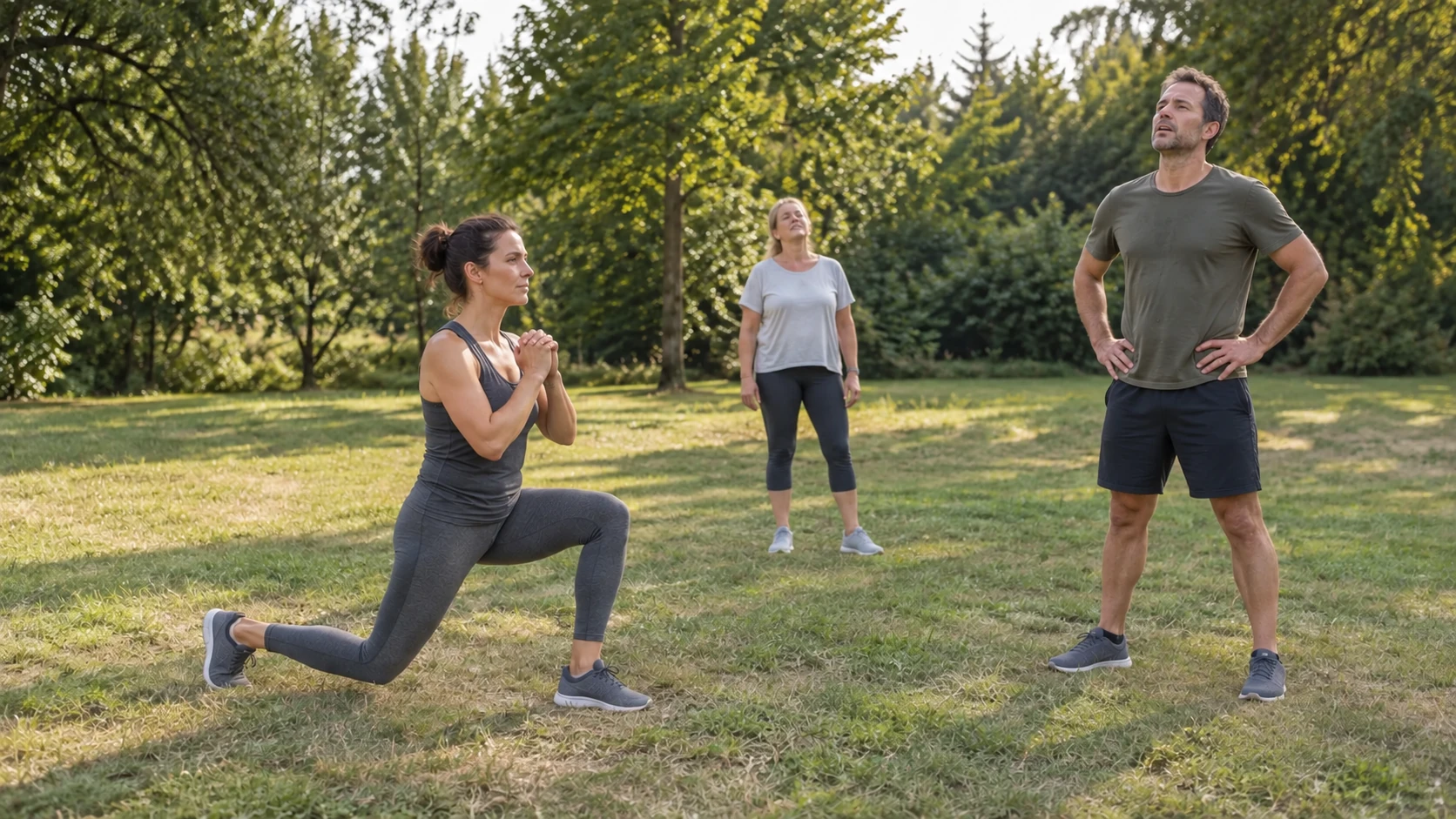 Une femme effectue une fente sur une pelouse ; deux autres adultes font une pause à proximité.
