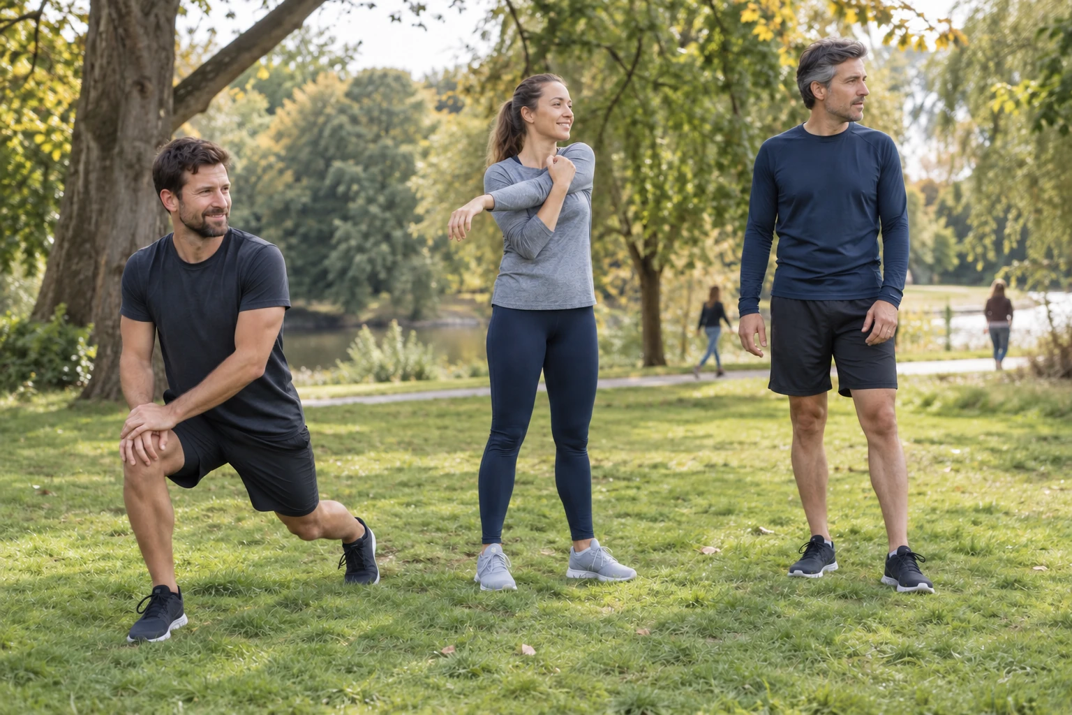 Trois sportifs s’échauffent ou font une pause sur une pelouse.