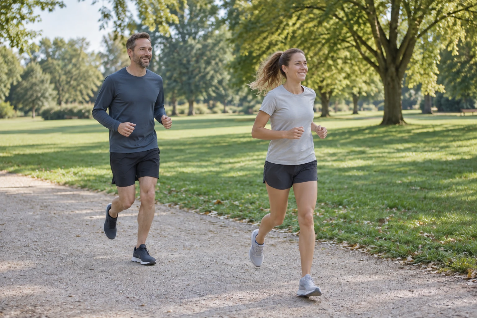 Une femme et un homme courent sur un chemin dans un parc.
