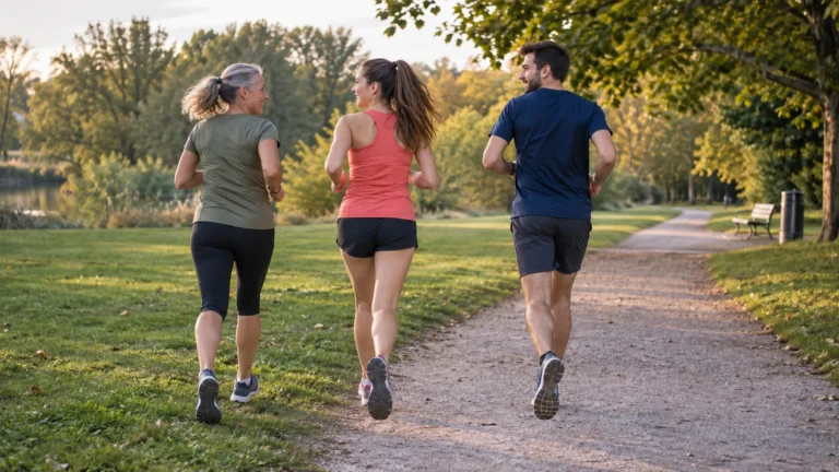 Trois adultes partent courir ensemble sur une allée, vus de dos.