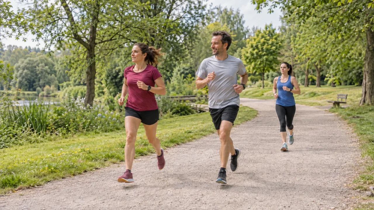 Trois adultes courent sur une allée de parc.