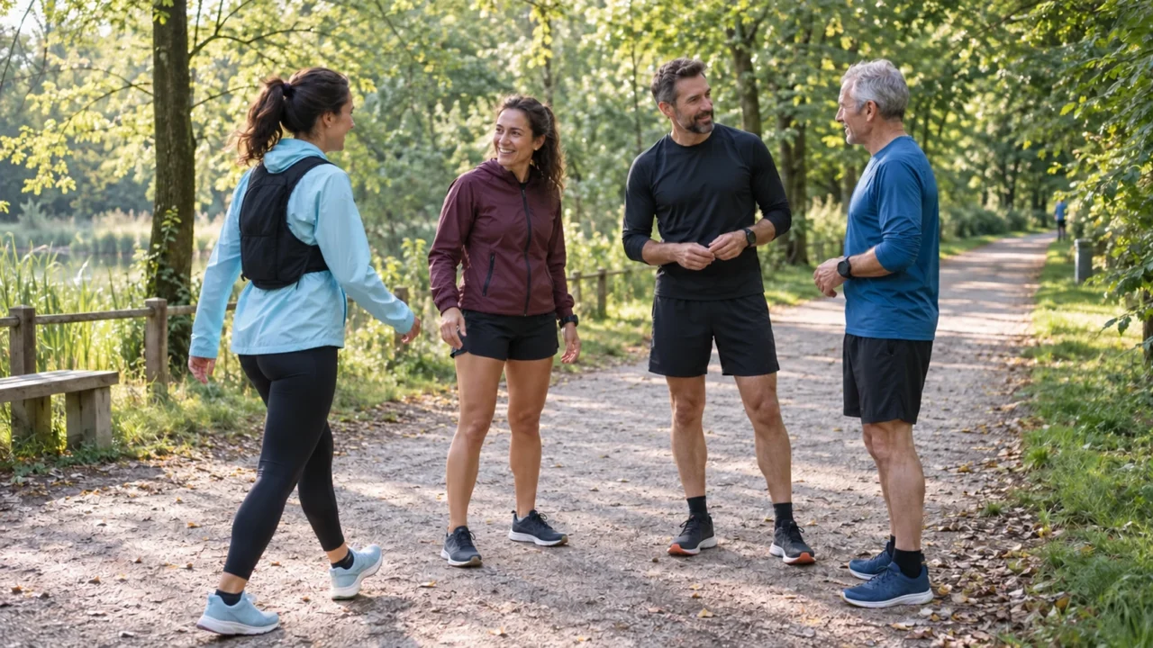 Quatre adultes en tenue de sport se retrouvent sur une allée arborée.