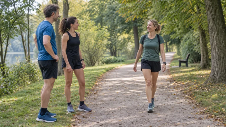 Une coureuse rejoint deux personnes en tenue de sport sur une allée arborée.