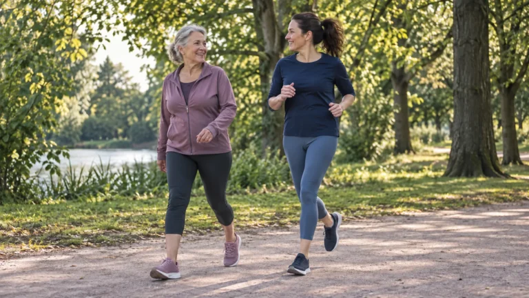 Deux femmes avancent ensemble, l’une en marchant, l’autre à petite foulée.