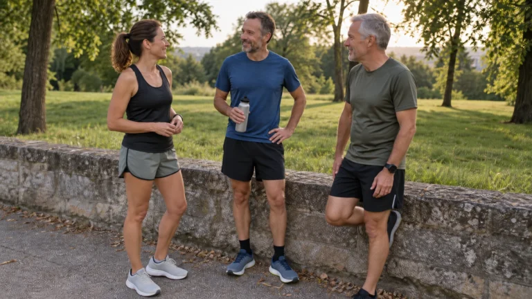 Trois sportifs discutent près d’un muret ; l’un d’eux tient une gourde.
