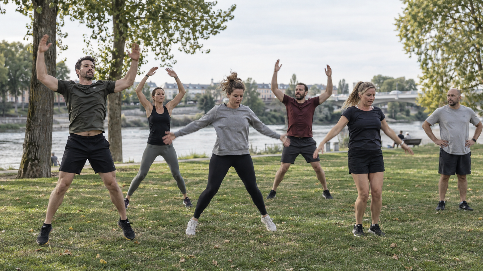 Illustration générée par IA pour RBREAK.com : jumping jacks entre amis dans un parc.