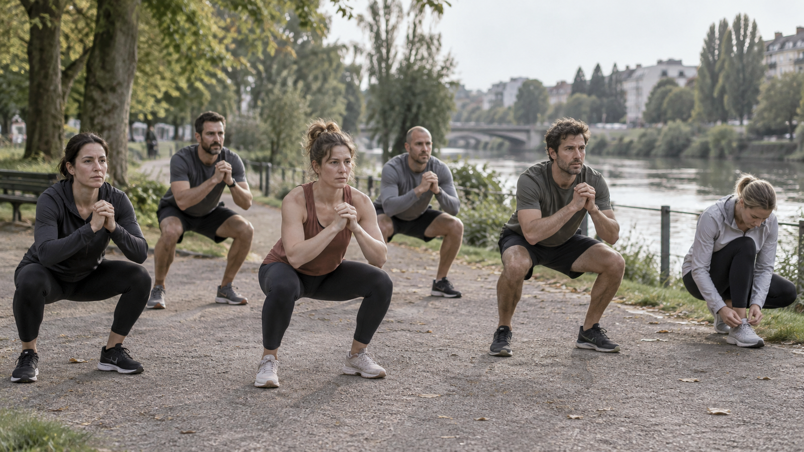 Illustration générée par IA pour RBREAK.com : squats et ajustement des chaussures dans un parc.