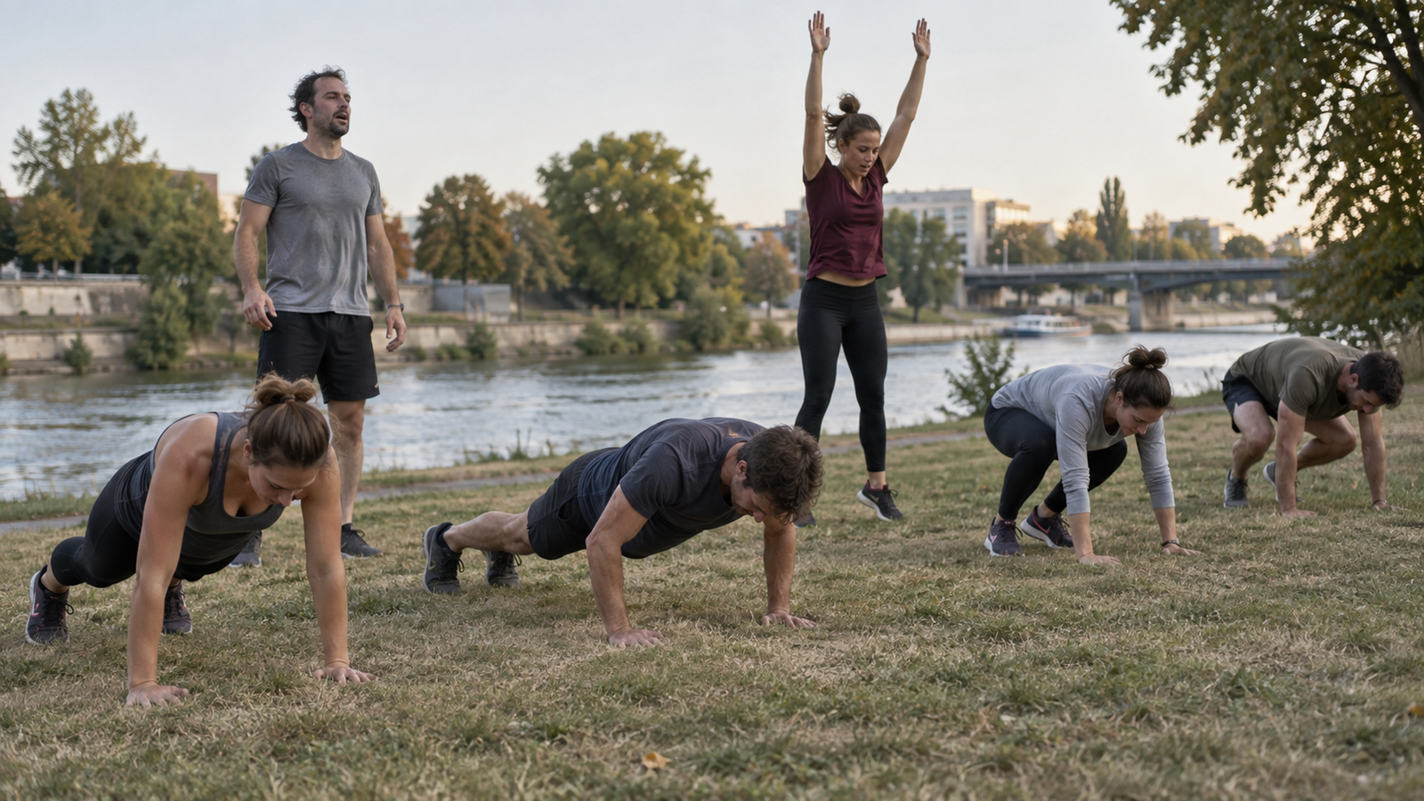 Illustration générée par IA pour RBREAK.com : burpees et récupération au bord de l’eau.