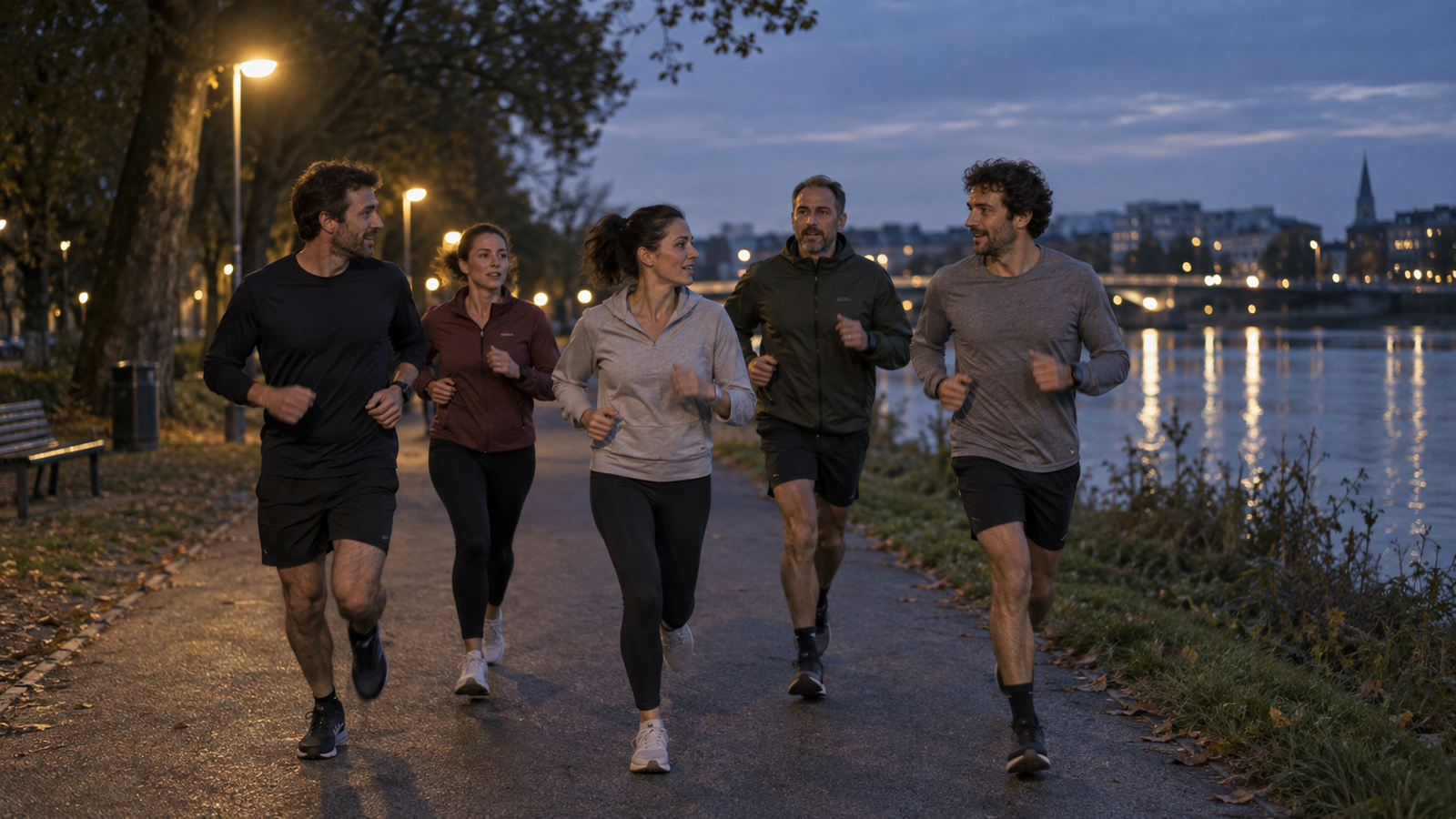 Illustration générée par IA pour RBREAK.com : running en groupe à l’heure bleue.