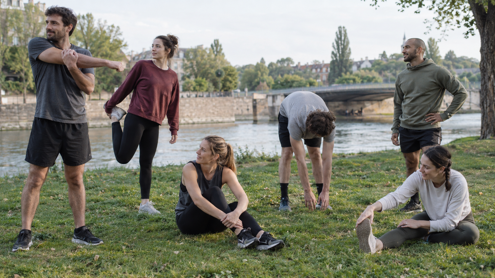 Illustration générée par IA pour RBREAK.com : étirements variés et récupération dans un parc.