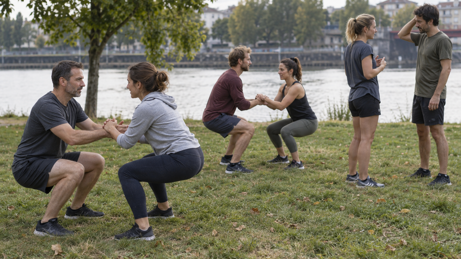 Illustration générée par IA pour RBREAK.com : squats en binômes et conversation dans un parc.