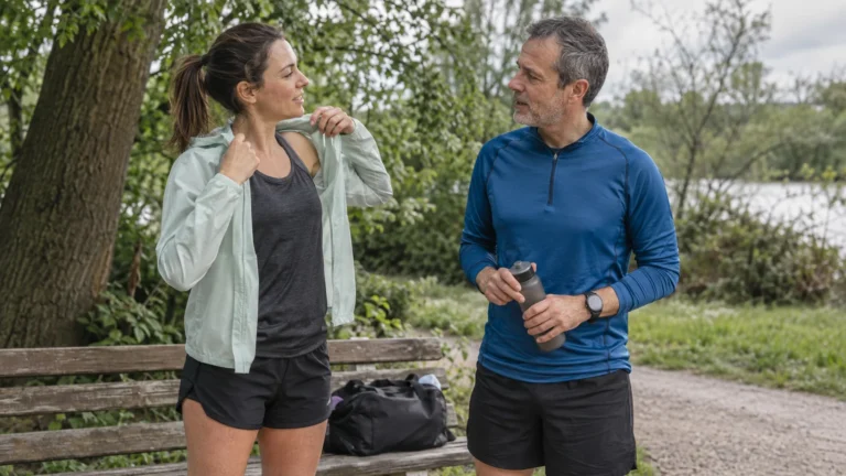 Une sportive enfile une veste près d’un banc pendant qu’un autre sportif tient une gourde.