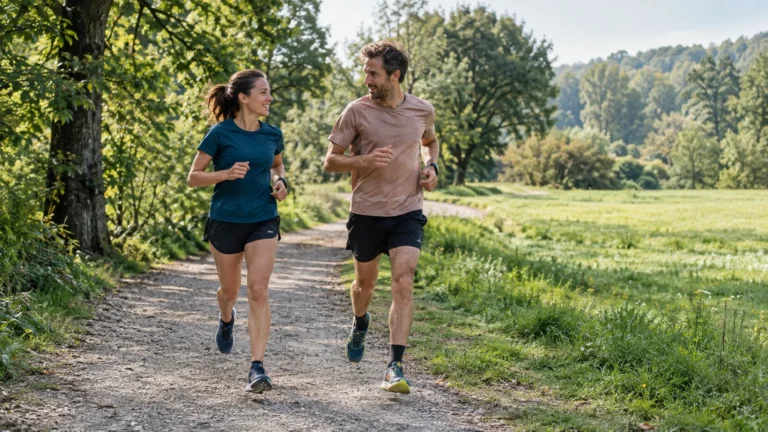 Une femme et un homme courent sur une allée qui longe une grande pelouse.