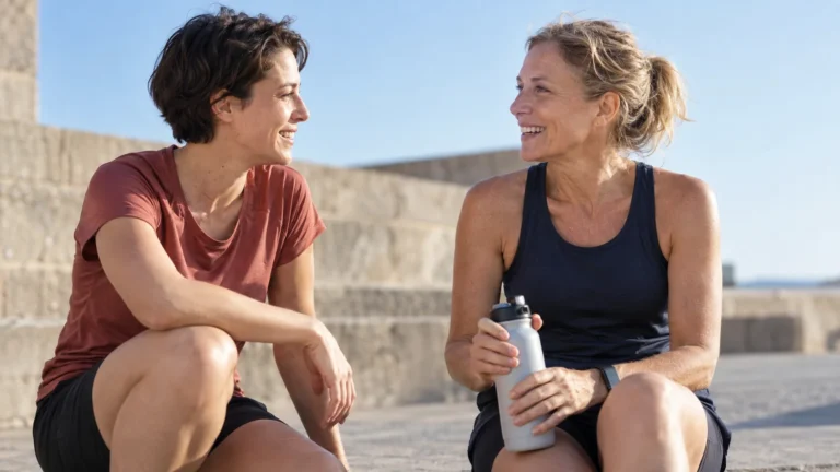 Deux femmes en tenue de sport discutent dehors, assises sur des marches ; l’une tient une gourde.