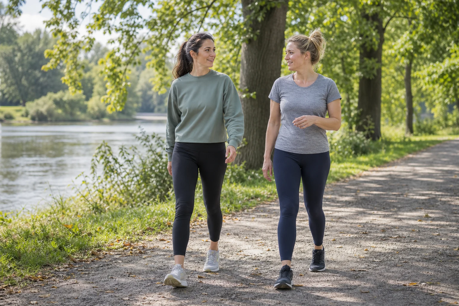 Deux sportives marchent et discutent sur un chemin au bord de l’eau.